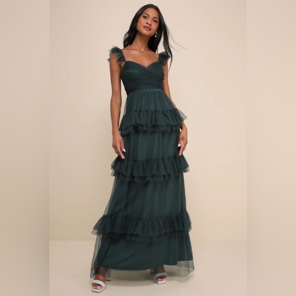 Lulus Dresses & Skirts - Lulus Pure Radiance Emerald Green Mesh Swiss Dot Tiered Maxi Dress